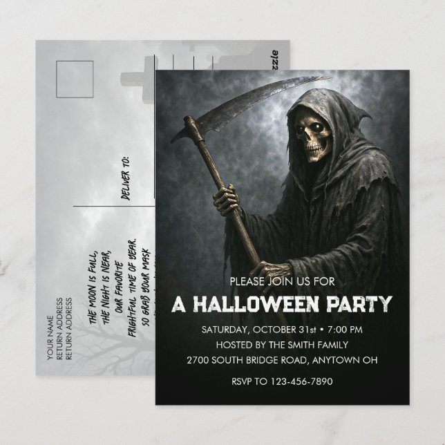 Carte Postale Grim Reaper Halloween Party Invitati (Devant / Derrière)