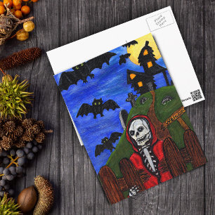 Carte Postale Grim Reaper Skeleton Bats Cimetière