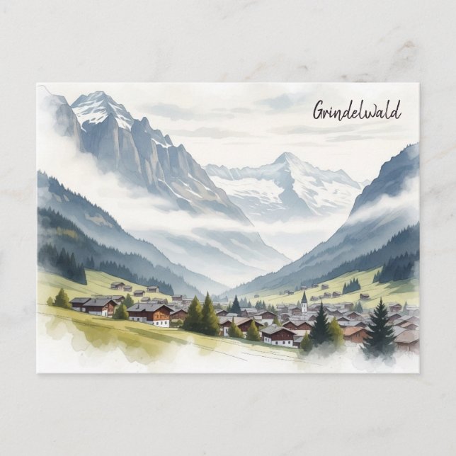 Carte Postale Grindelwald Suisse Aquarelle de voyage (Devant)