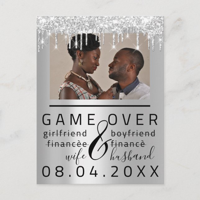 Carte Postale Gris argent Fun Enregistrer la date couple photo (Devant)