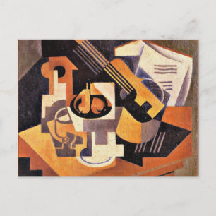 Carte Postale Gris - Plat de guitare et de fruits sur une table