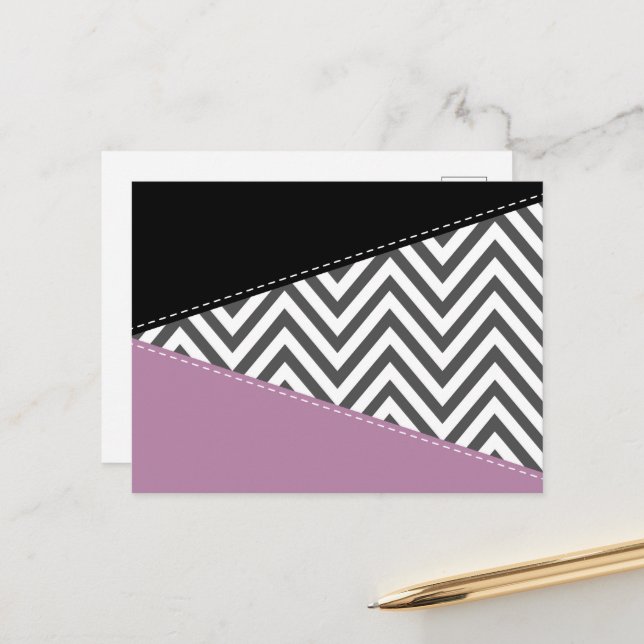 Carte Postale Gris Zigzag, Gris Chevron, Motif Zigzag, Violet (Devant/Arrière en situation)