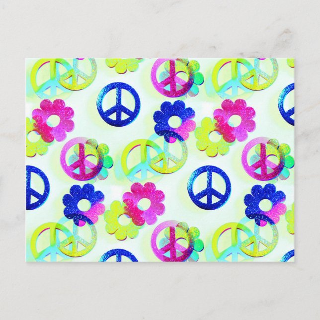 Carte Postale Groovy Hippie Peace Signs Flower Power Aqua (Devant)