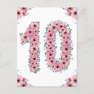 Carte Postale Gros 10e anniversaire Fleurs roses Fille Foliage v