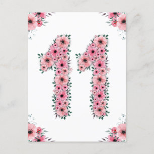 Carte Postale Gros 11e anniversaire Fleurs roses Fille Foliage v