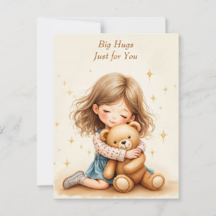 Carte Postale Gros câlins mignonne fille serrant teddy papier ou