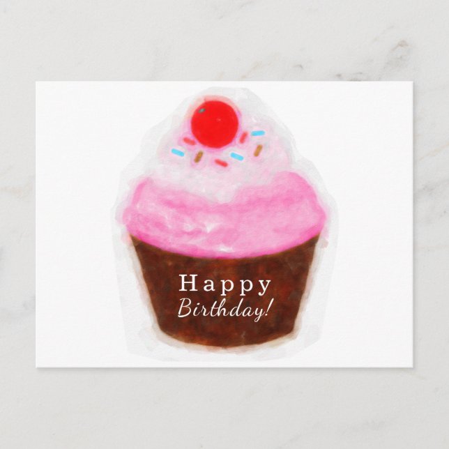 Carte Postale Gros Cupcake & Cerry Aquarelle Joyeux Anniversaire (Devant)