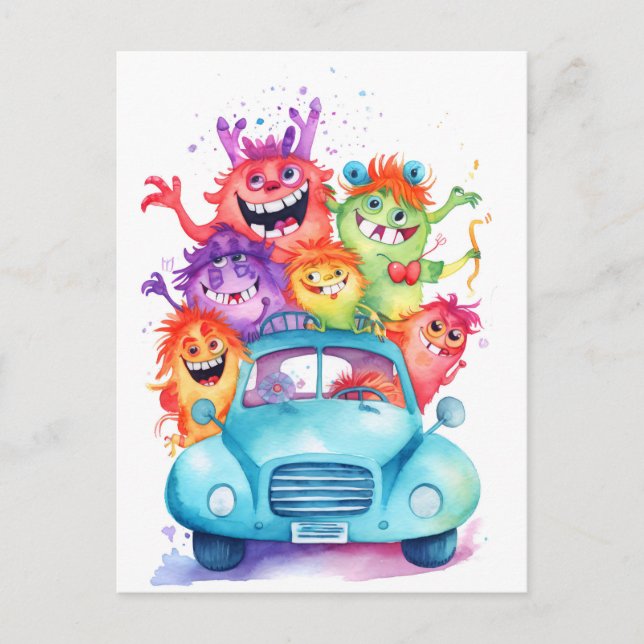 Carte Postale Groupe de monstres drôles en voiture. Vacances (Devant)