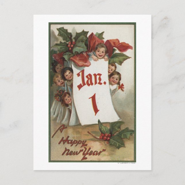 Carte Postale Groupe d'enfants se cachant derrière le calendrier (Devant)