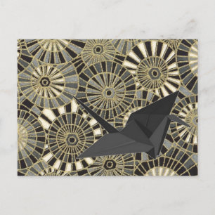 Carte Postale grue chanceuse or motif japonais fan