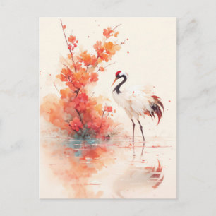 Carte Postale Grue couronnée avec branche de fleurs d'orange
