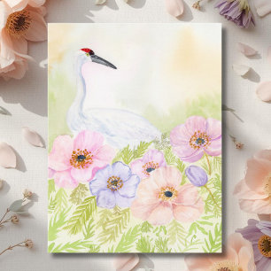 Carte Postale Grue couronnée avec des anémones pastel