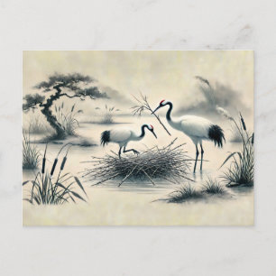 Carte Postale Grues nichant à leur nid peinture à l'encre chinoi