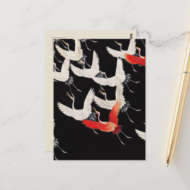 Carte Postale Grues volantes : Japonais Bird Kimono Art (Devant/Arrière en situation)