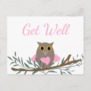 Carte Postale Guérissez Bien Hibou Rose
