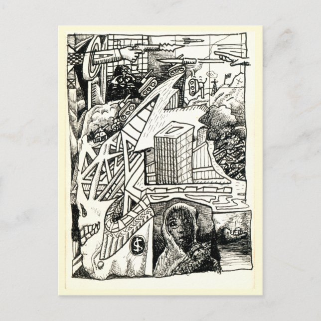 Carte Postale " Guerre moderne ", dessin à encre (Devant)