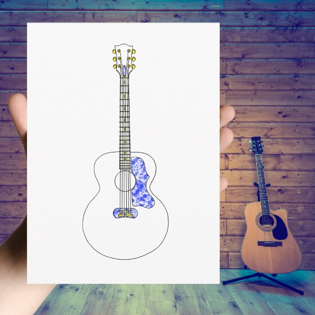 Carte Postale Guitare acoustique Dessin simple Musique Cool (Simple acoustic guitar black and white line art drawing with blue textured pick guard postcard )