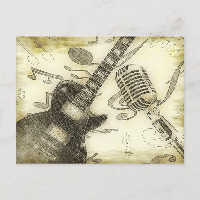 Carte Postale Guitare vintage et microphone (Devant)