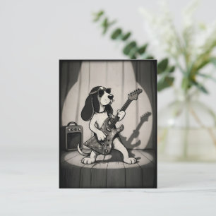 Carte Postale Guitariste Basset Hound Rétro Rockstar Monochrome