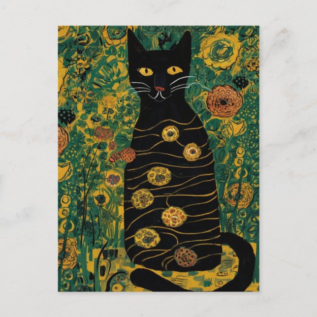 Carte Postale Gustav Klimt Cute Chat noir dans un jardin fleuri (Devant)
