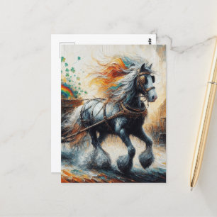 Carte Postale Gypsy Vanner Pulling Shamrocks et arc-en-ciel