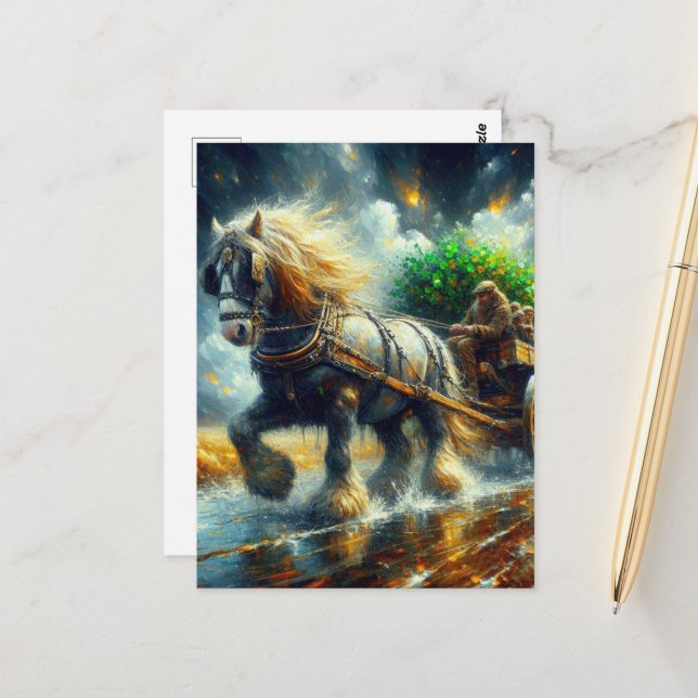 Carte Postale Gypsy Vanner Pulling Shamrocks et personnes Cartlo (Devant/Arrière en situation)