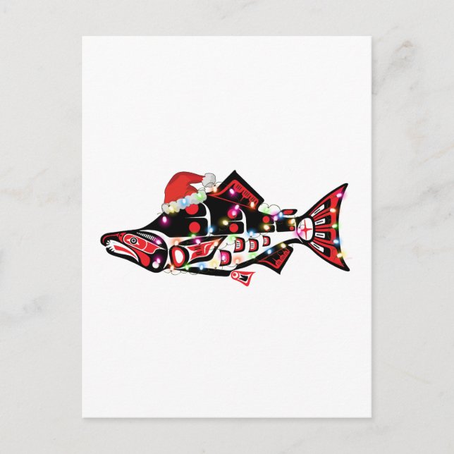 Carte Postale Haida Esprit Saumon Animal avec lumières de Noël (Devant)