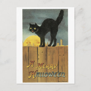 Carte Postale Halloween à l'ancienne, chat noir et pleine lune