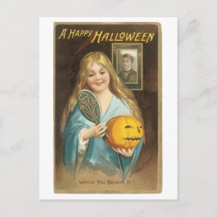 Carte Postale Halloween à l'ancienne, Fille avec miroir main