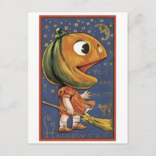 Carte Postale Halloween à l'ancienne, fille Citrouille