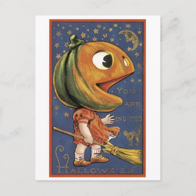 Carte Postale Halloween à l'ancienne, fille Citrouille (Devant)