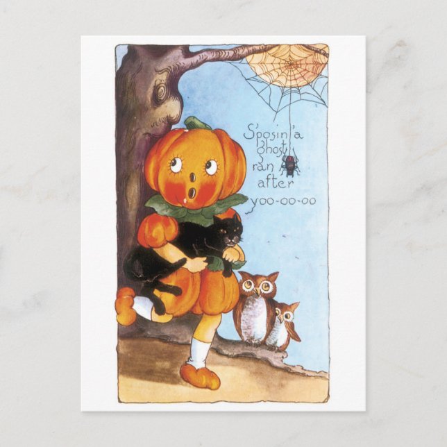 Carte Postale Halloween à l'ancienne, fille Citrouille, chat noi (Devant)