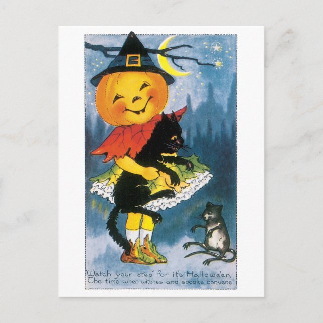 Carte Postale Halloween à l'ancienne, fille Jack-o-lanterne (Devant)