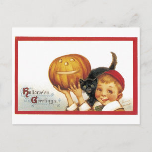 Carte Postale Halloween à l'ancienne, garçon avec chat noir