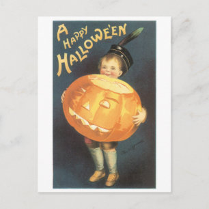 Carte Postale Halloween à l'ancienne, Garçon tenant Citrouille
