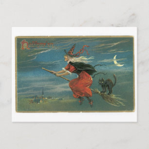 Carte Postale Halloween à l'ancienne, sorcière avec chat noir
