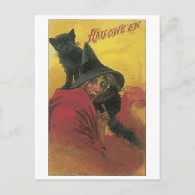 Carte Postale Halloween à l'ancienne, sorcière avec chat noir (Devant)