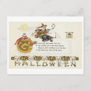Carte Postale Halloween à l'ancienne, sorcière avec hibou