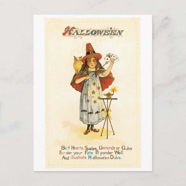 Carte Postale Halloween à l'ancienne, sorcière avec hibou (Devant)