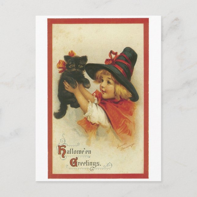 Carte Postale Halloween à l'ancienne, sorcière fille avec chat n (Devant)