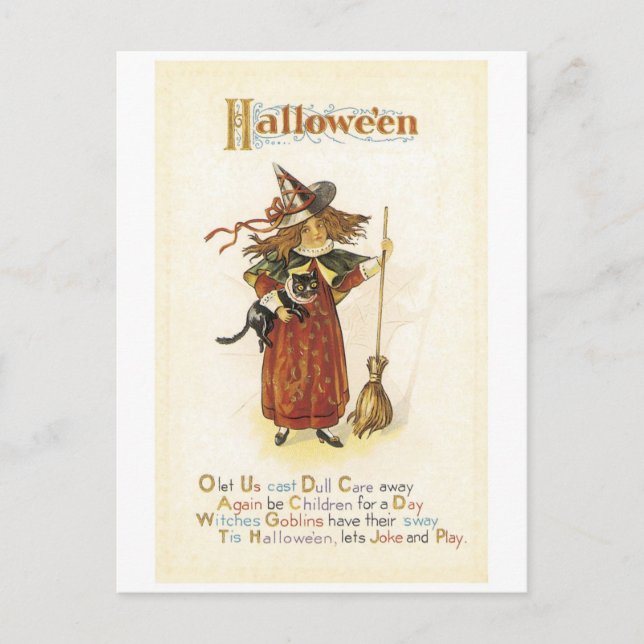 Carte Postale Halloween à l'ancienne, sorcière fille avec chat n (Devant)