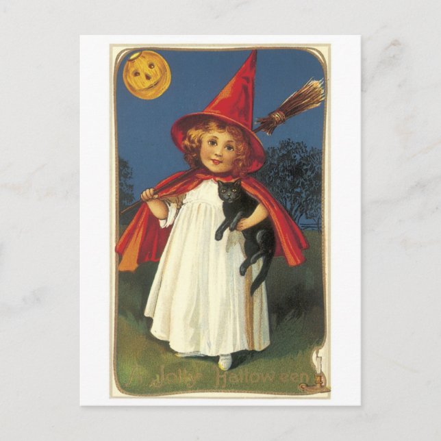 Carte Postale Halloween à l'ancienne, sorcière fille avec chat n (Devant)