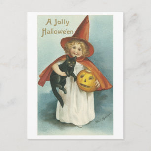 Carte Postale Halloween à l'ancienne, sorcière fille avec chat n