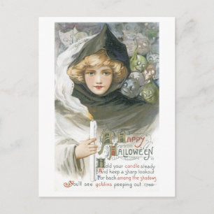 Carte Postale Halloween à l'ancienne, une fille rencontre des Go