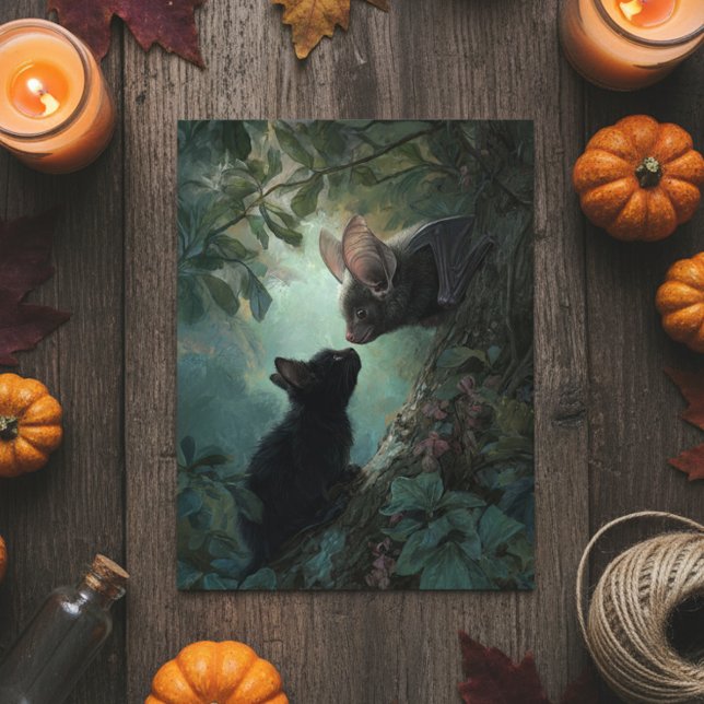 Carte Postale Halloween Adorable Kitten rencontre Bat (Créateur téléchargé)