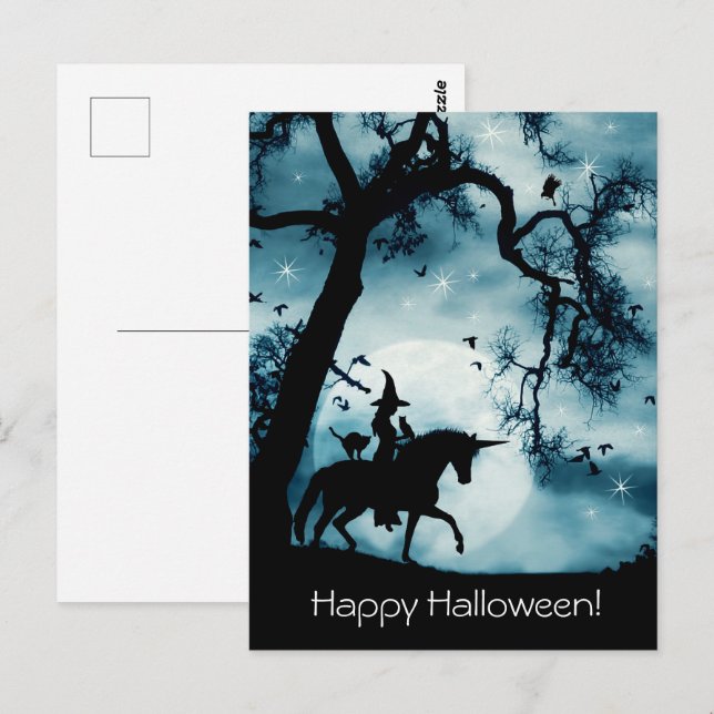 Carte postale Halloween avec Witch Unicorn Familie (Devant / Derrière)