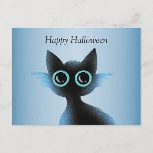 Carte Postale Halloween Big Eyes Black Blue Evil Chat