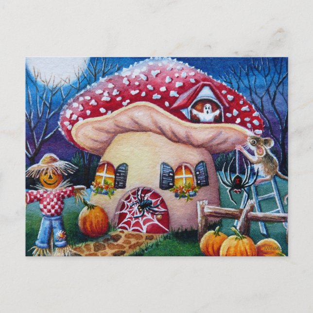Carte Postale Halloween Champignon Souris Maison Araignées Aquar (Devant)