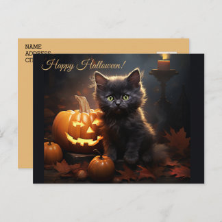 Carte Postale Halloween Chat Kitty Noir, Jack-o'-lantern Citroui
