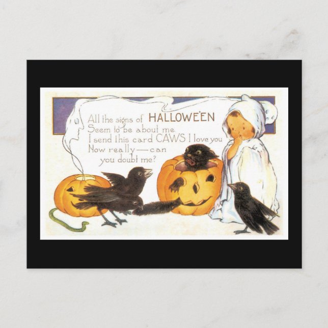 Carte Postale Halloween Chat noir, Enfant et Corbeau (Devant)